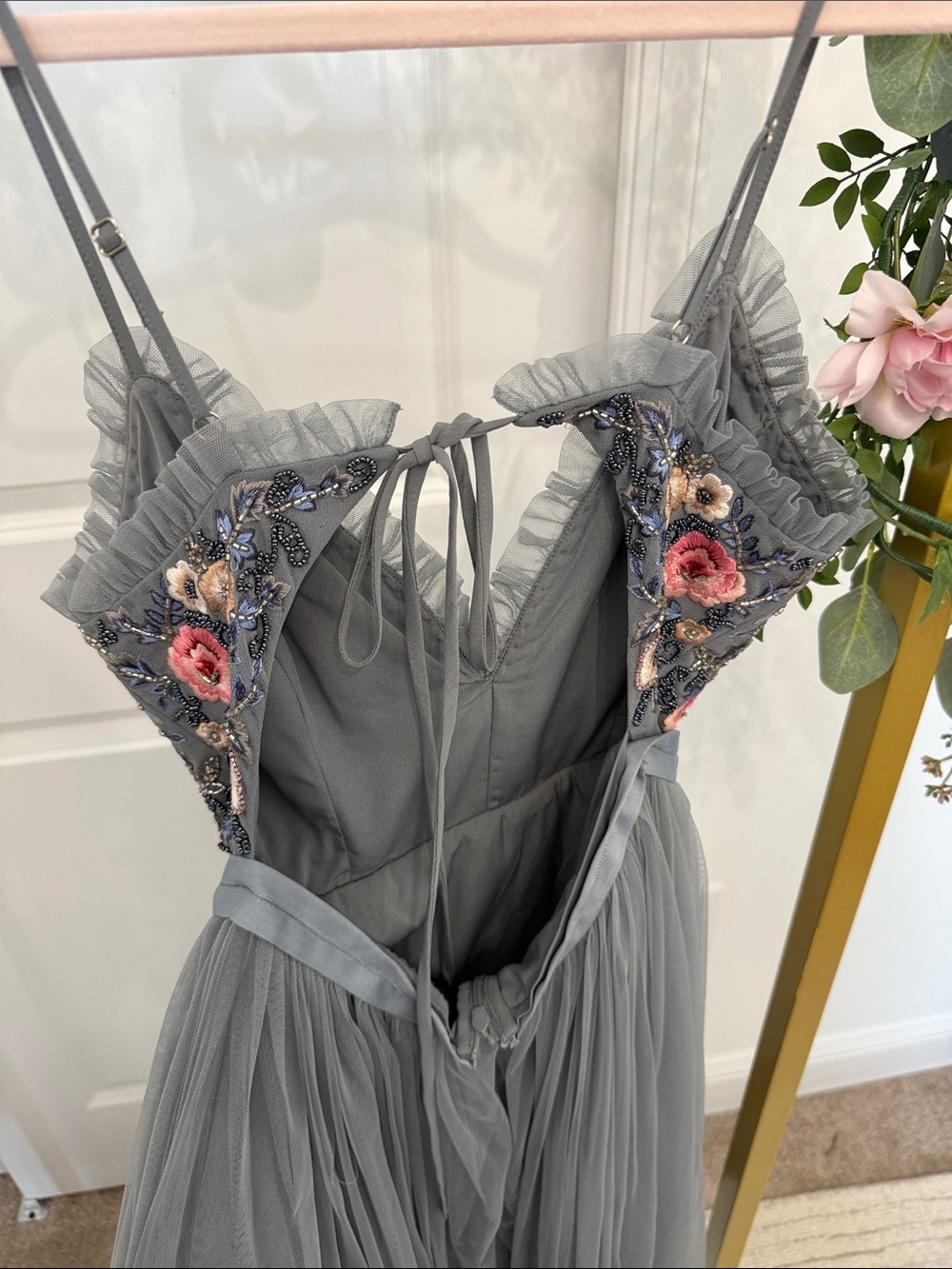 Needle & Thread Gray Tulle Dress with Pink Floral Embroidery - Picture 5 of 5